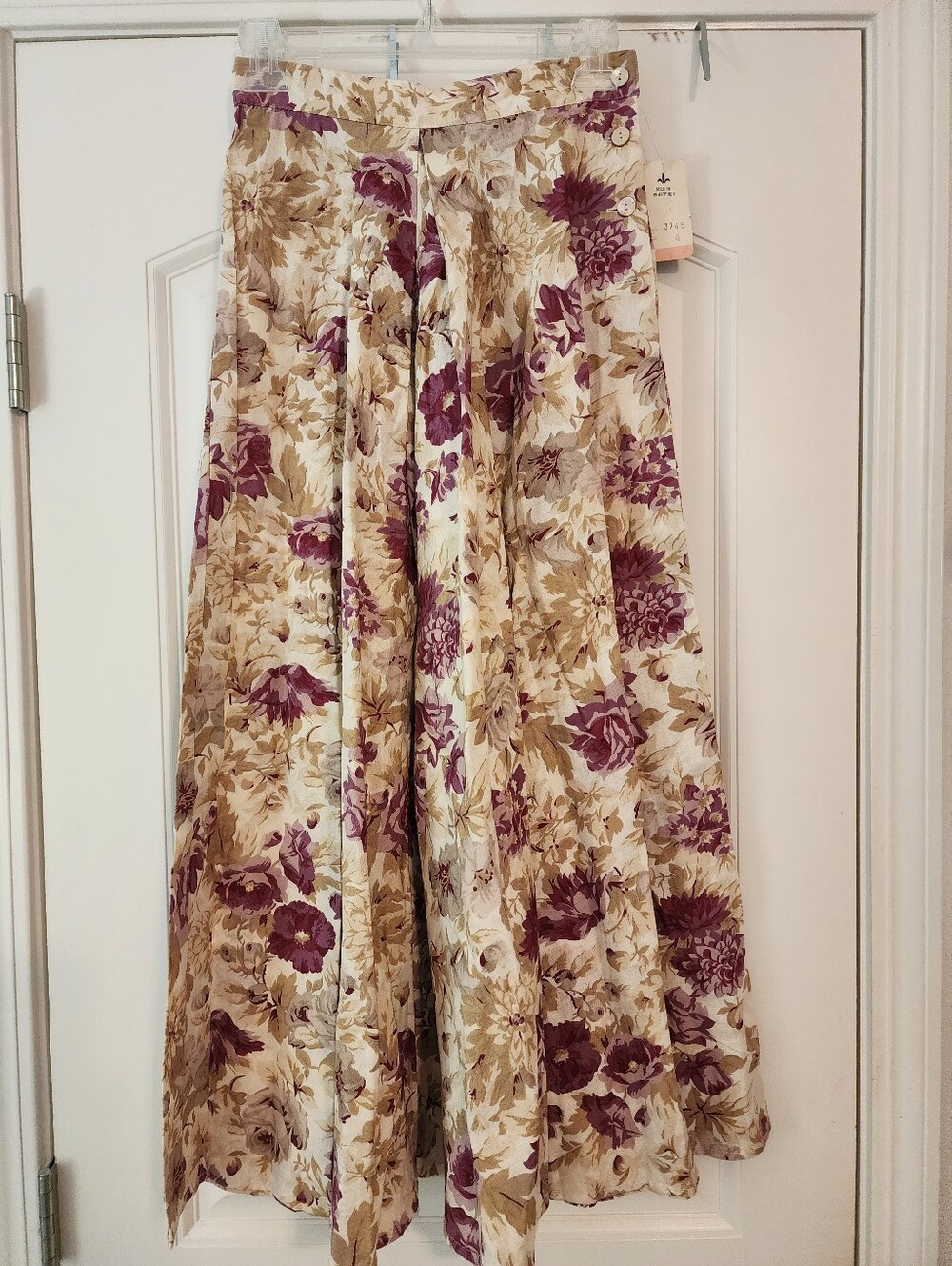 Herman Geist Linen Cotton Floral A-Line Maxi Skirt in Cream Plum Sz 4 NWT